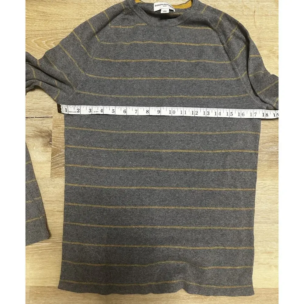 Banana Republic Mens 100% Cotton Crewneck Sweater Gray Mustard Stripe‎ Preppy S